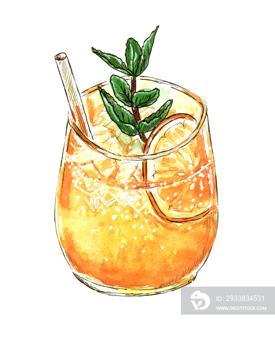 Orange drink St Clements Punch with mint branch isolated on white, hand drawn watercolor