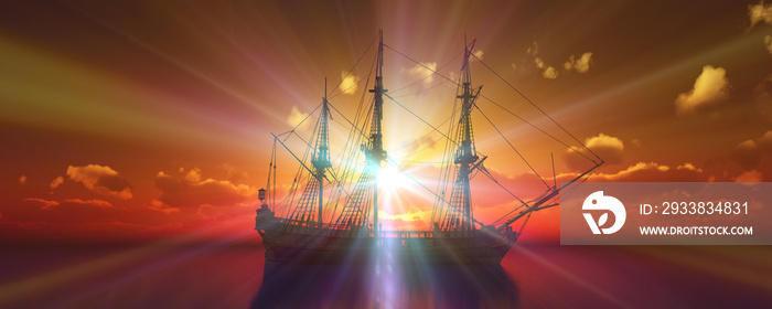 old ship sunset at sea 3d rendering