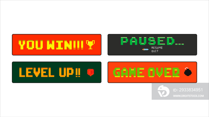Computer pixel game interface. A set of 8-bit graphic labels: you win, pause, level up, game over.