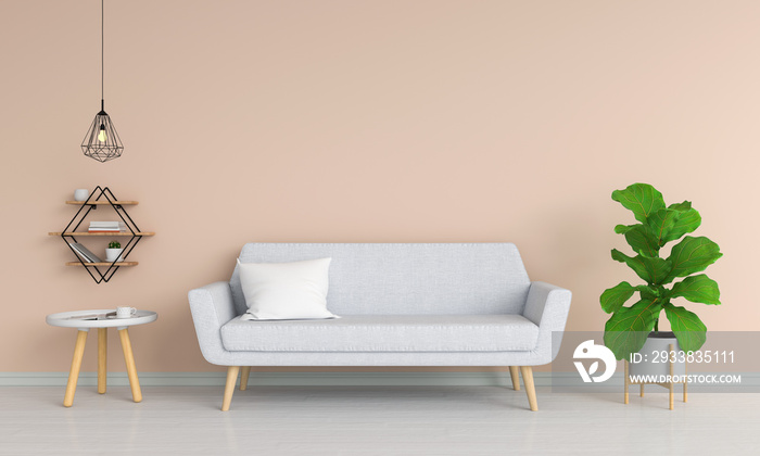 Gray sofa and green plant in brown living room, 3D rendering