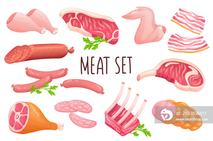 Meat icon set in realistic 3d design. Bundle of chicken wings and legs, steak, ribs, bacon, ham, sau