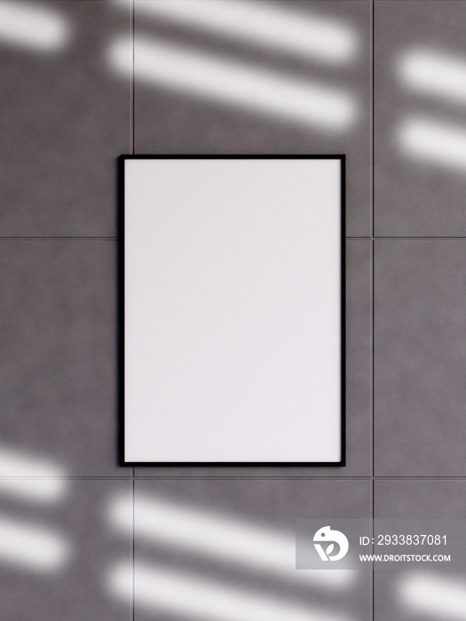 Modern and minimalist vertical black poster or photo frame mockup on the concrete wall in a room. 3d