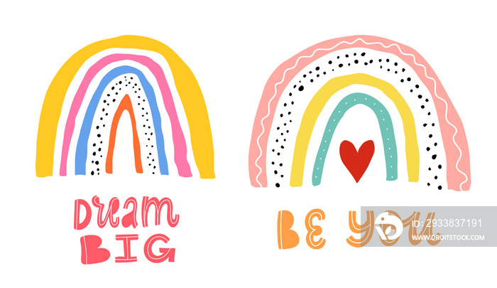 nursery posters with rainbows and hand lettering quotes on white background. Good for babys prints,