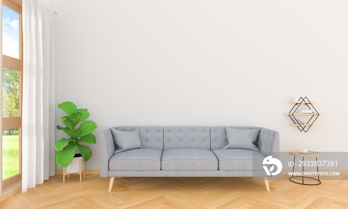 Gray sofa in living room interior, 3D rendering