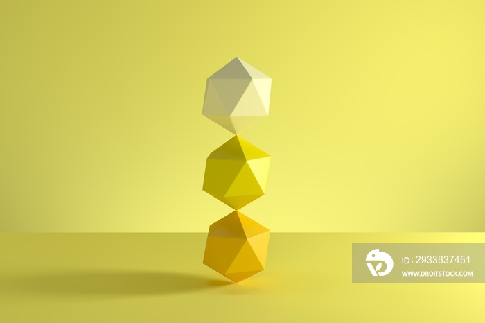 黄色背景上孤立的黄色单调GeoSphere堆栈。最小概念思想。3D渲染