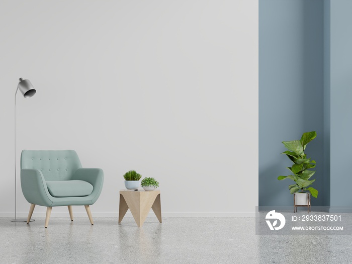 Living room interior wall mockup with blue armchair on empty white wall background.