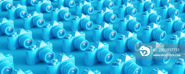 Cameras lined up in row. Creative concept on blue background. 3d render 3d illustration