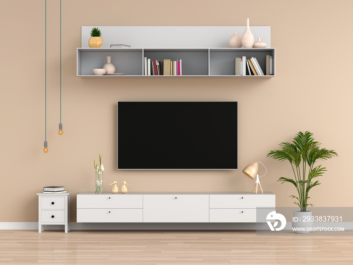 Widescreen TV and sideboard in brown living room, 3D rendering