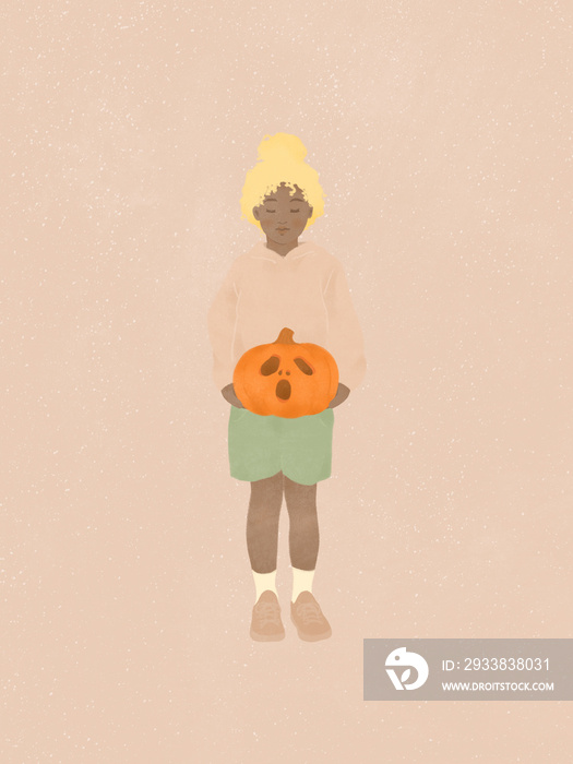 cute little African American girl holding a Halloween pumpkin