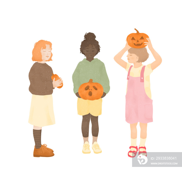 a group of three happy multiracial little girls celebrating Halloween together holding pumpkins in t