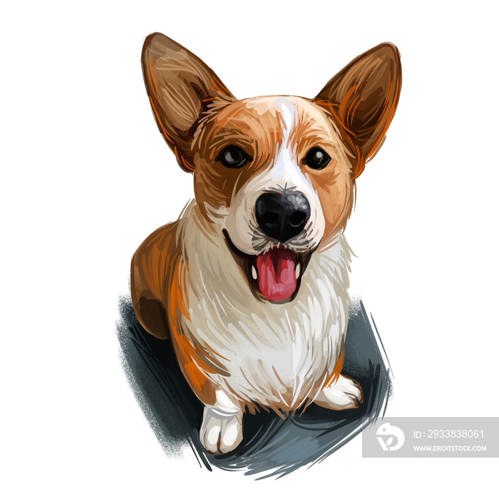 Welsh Corgi, Cardigan dog breed portrait isolated on white. Digital art illustration, animal waterco