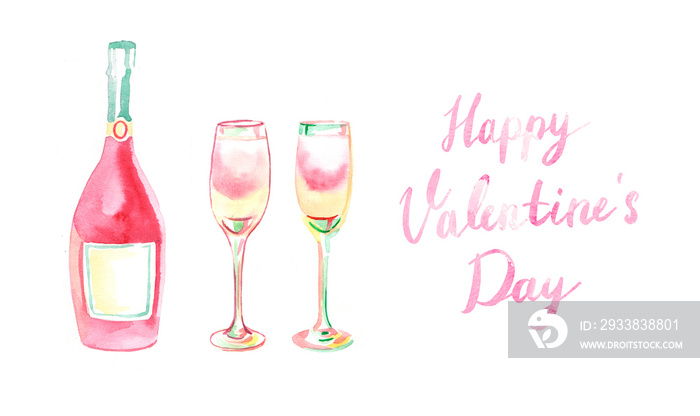 Watercolor hand painted happy Valentine’s Day lettering with wine bottle and glasses illustration is