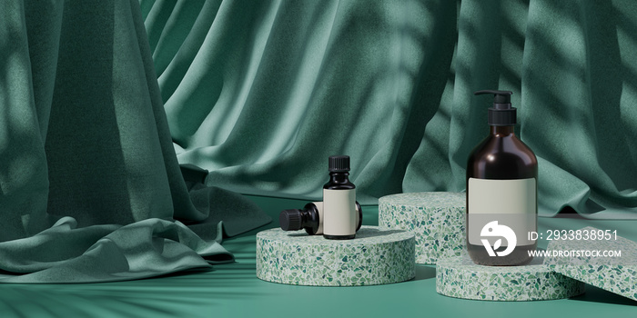 品牌和产品展示的最小背景。绿色水磨石上的化妆品瓶。绿色f