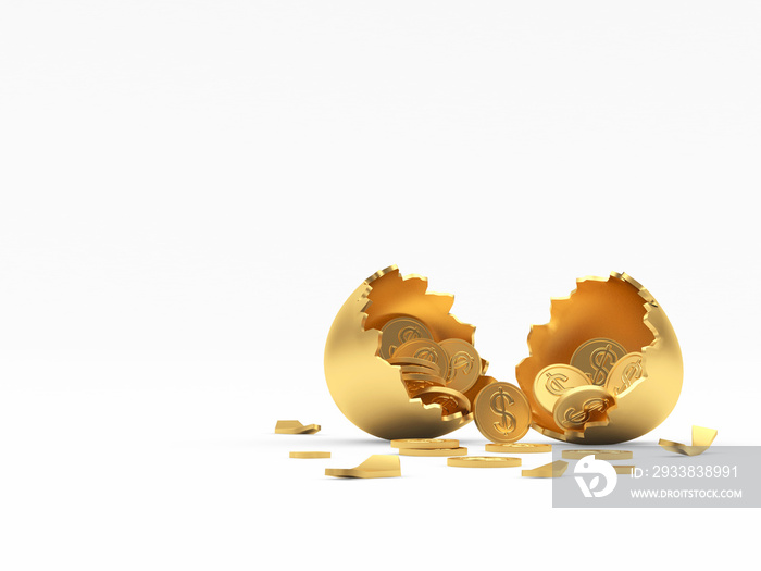 Golden broken egg shell full of coins with space for text isolated on a white background. 3D illustr