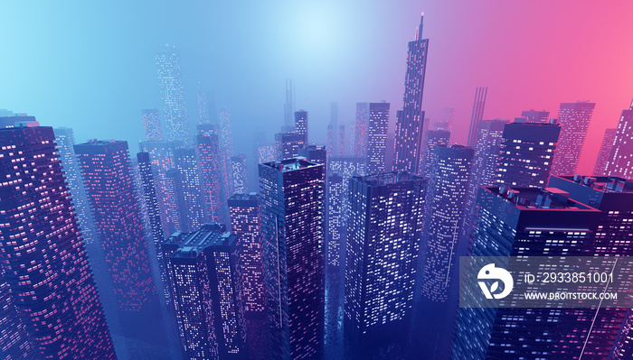 Future city downtown with skyscrapers in neon cyberpunk lights