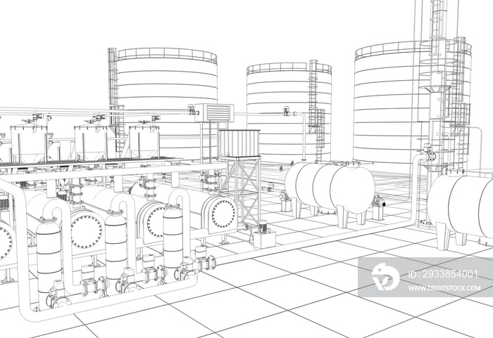 oil refinery, chemical production, waste processing plant, contour visualization, 3D illustration, s