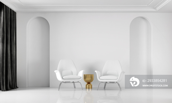 白色现代客厅和拱形墙纹理背景的美丽模拟室内设计