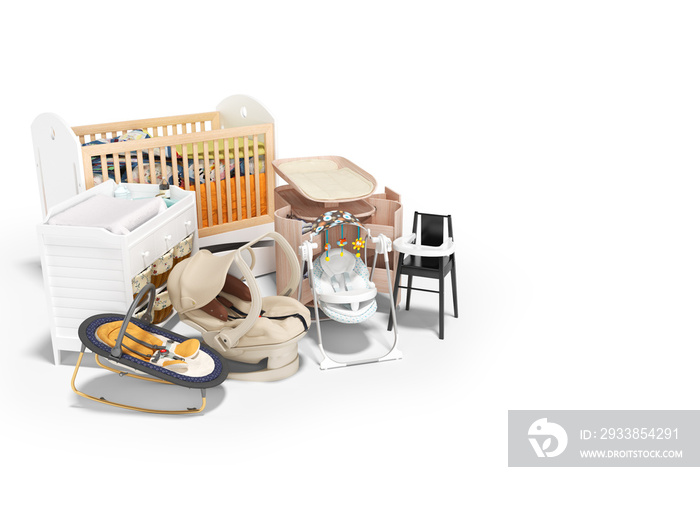 婴儿床家具和配件组的3d渲染概念将餐桌椅换成fe