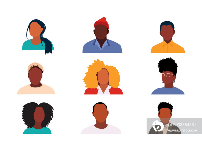 African , African-American people portraits. Social media icon set. Flat design svatars. Stylish, mo