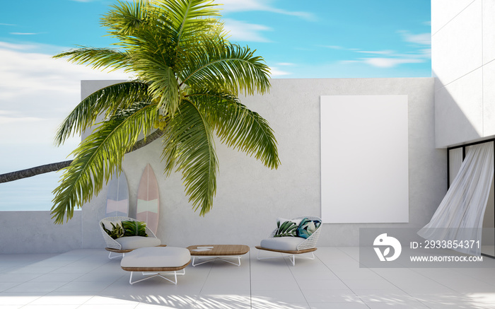 Tropical summer, luxury villa with palm, summer concept, 3d render