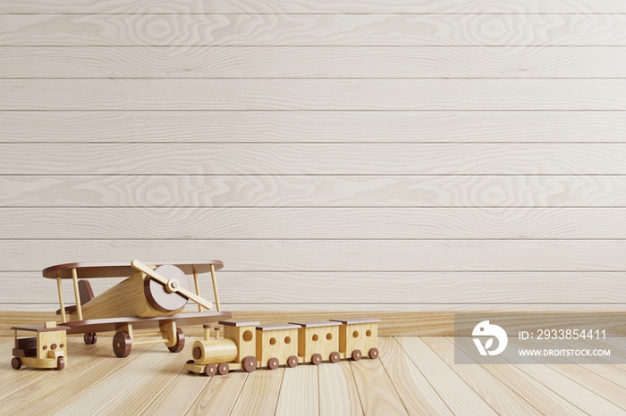 Childrens room with empty wooden walls, beautiful patterns and toys on the floor.3d rendering.
