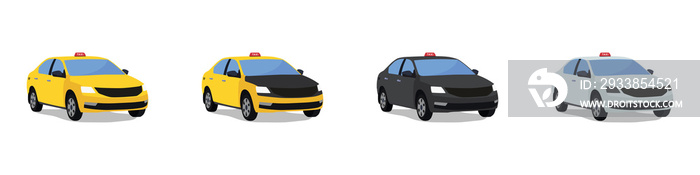 Taxi. Conjunto de taxis diferentes modelos y colores. Vehículo de transporte para servicio público