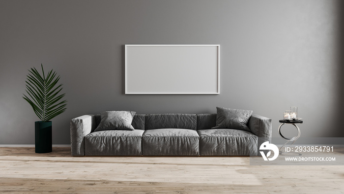 horizontal frame in bright modern living room with gray sofa, green plant and coffee table on wooden