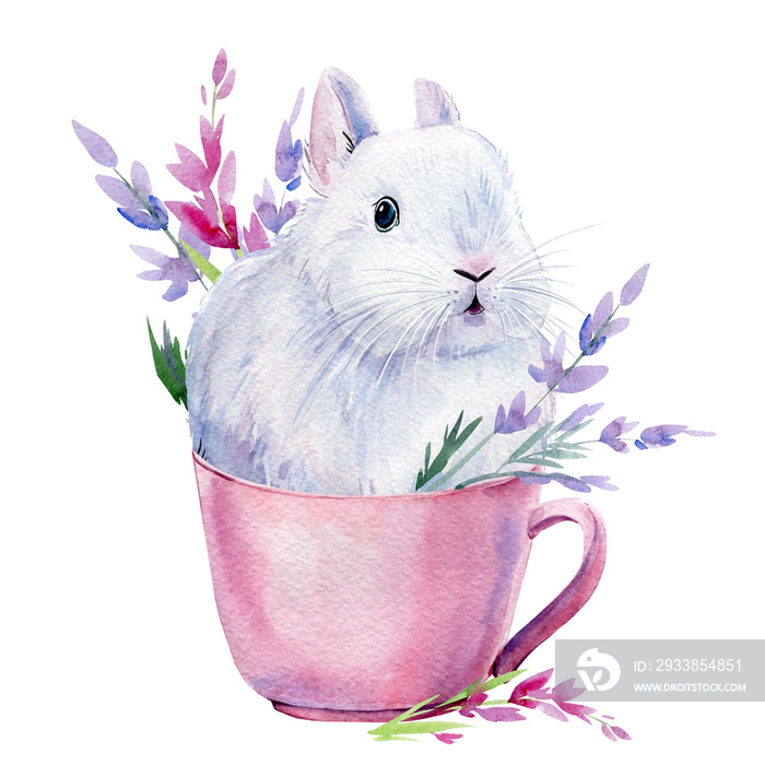 Bunny in a pink cup with lavender flowers on an isolated white background, kids funny watercolor pos