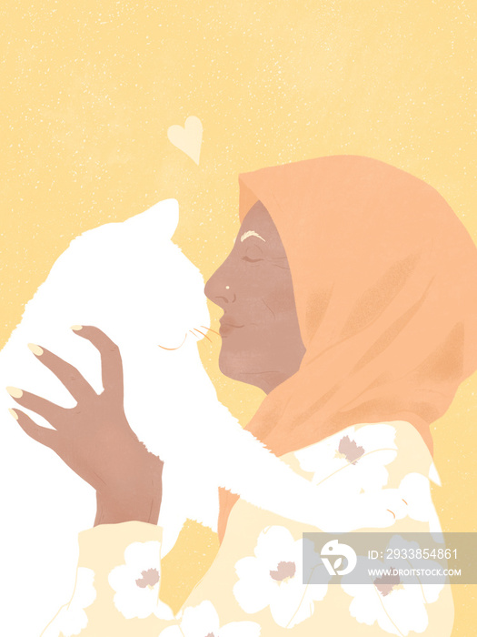 smiling stylish middle aged Muslim woman holding and kissing a fluffy white cat