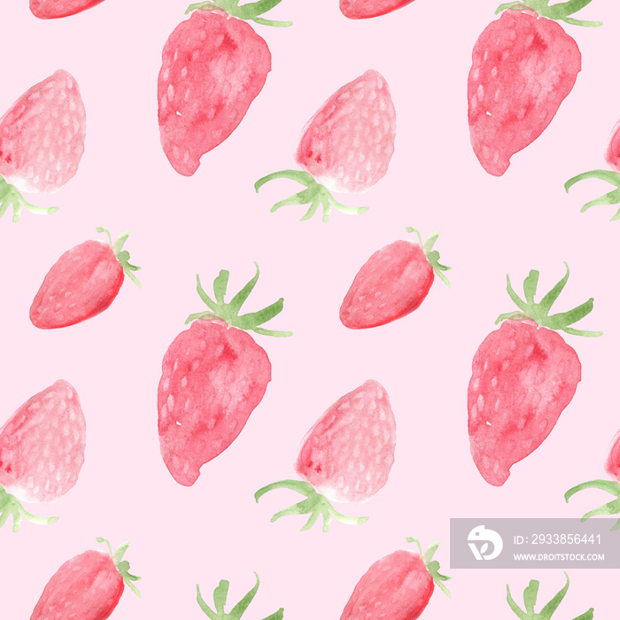 草莓水彩画无缝图案。手绘设计，粉红色背景，夏季水果意露