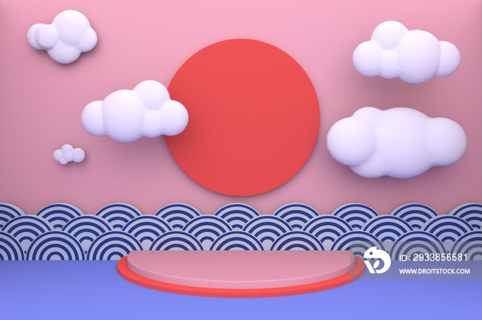 Red sun and cute element such as clouds japan style wave for japanese style stage podium and pedesta