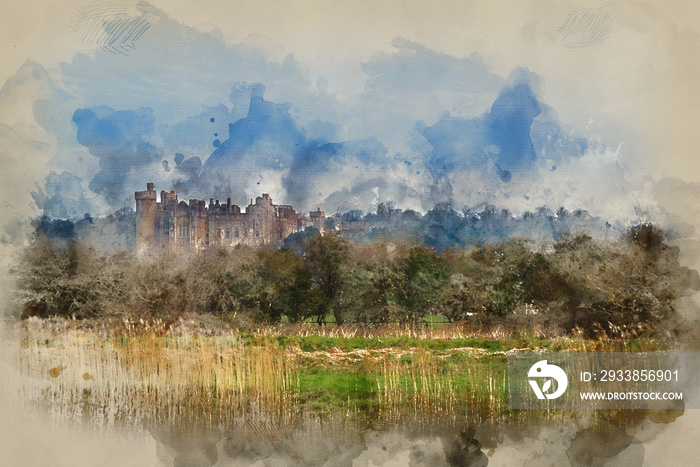 Digital watercolor painting of Stunning sunrise over medieval castle in distant landscape