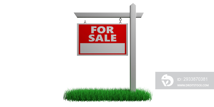 For sale on grass wooden placard. Real estate text sign red color isolated on white. 3d illustration