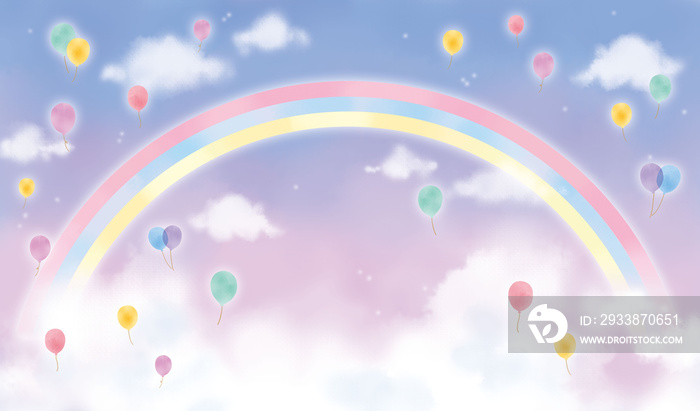 虹と風船のファンシーな空のイラスト　