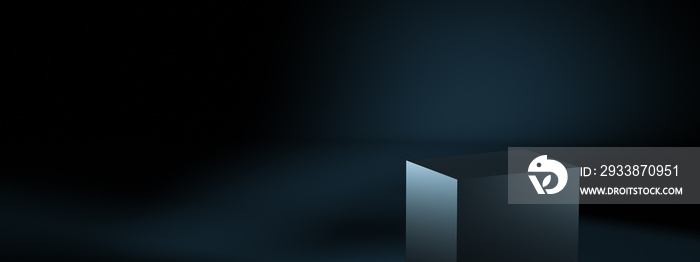 立方体形状的空白底座或平台，带深黑色工作室背景，用于产品展示。