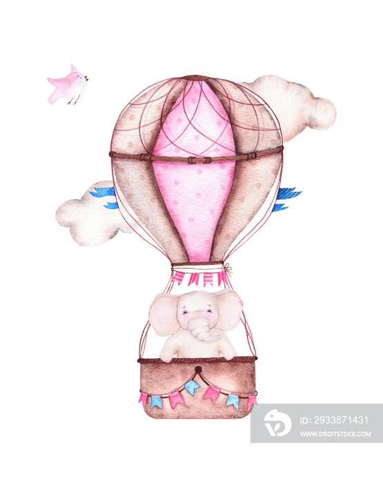 Watercolor it is girl baby shower with cute hot air balloon with elephant