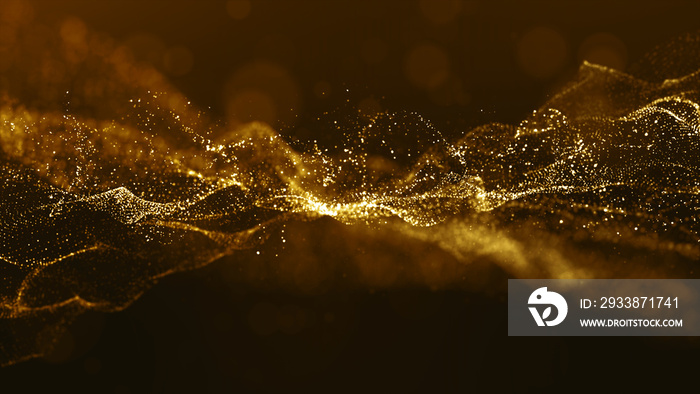 Abstract gold color digital particles wave with bokeh and light background