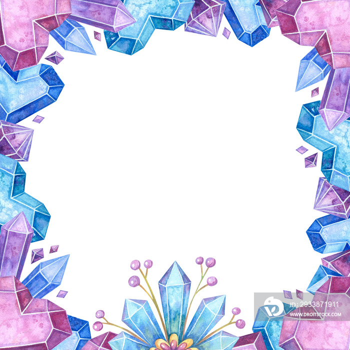 Blank crystalline color frame hand drawn illustration. Jewelry border watercolor drawing. Ice crysta