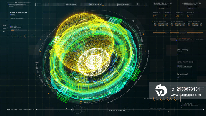 Futuristic graphic user interface head up display screen with digital holographic Nuclear Fusion ene