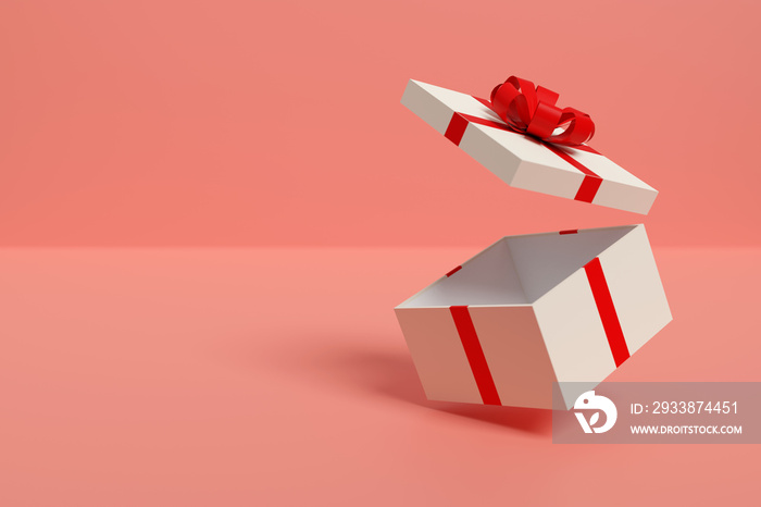 White gift box with red bow isolated on a pink background. 3d illustration.