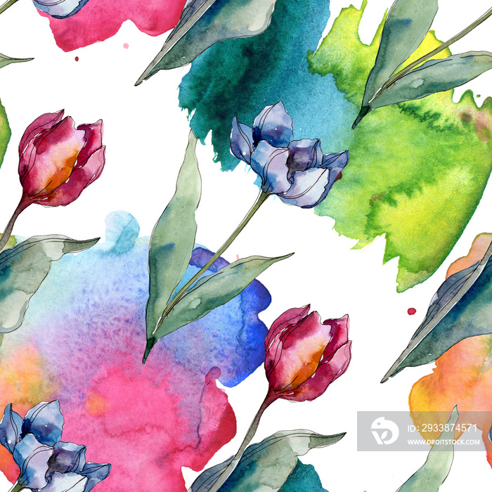 Tulip floral botanical flowers. Watercolor background illustration set. Seamless background pattern.