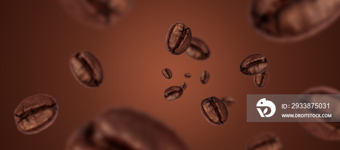 Brown coffee beans falling and flying on Brown background for show your product or web ads.