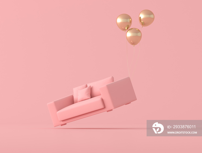 粉色沙发的抽象概念是由隔离在粉色背景上的金色气球漂浮起来的，m