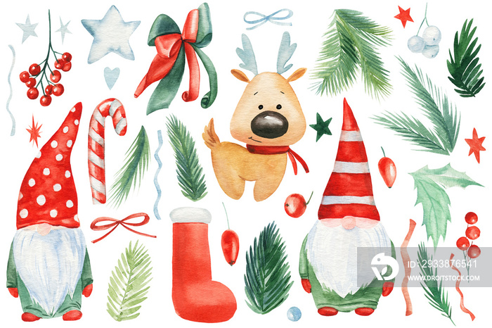 Toy Santa, elf and deer. New Year and Christmas elements watercolor illustration.