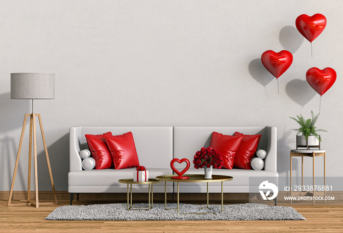 客厅和沙发室内设计3D插图，情人节心气球。