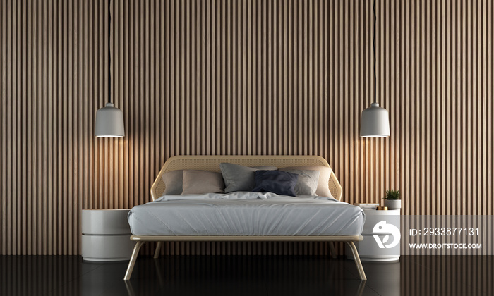 Minimal bedroom interior design and wood stripe texture wall pattern background