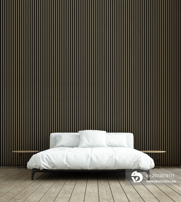现代舒适的卧室内部和木墙纹理背景