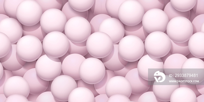 浅粉色球的无缝图案。简约海报简洁，三维插图。抽象粉彩背景