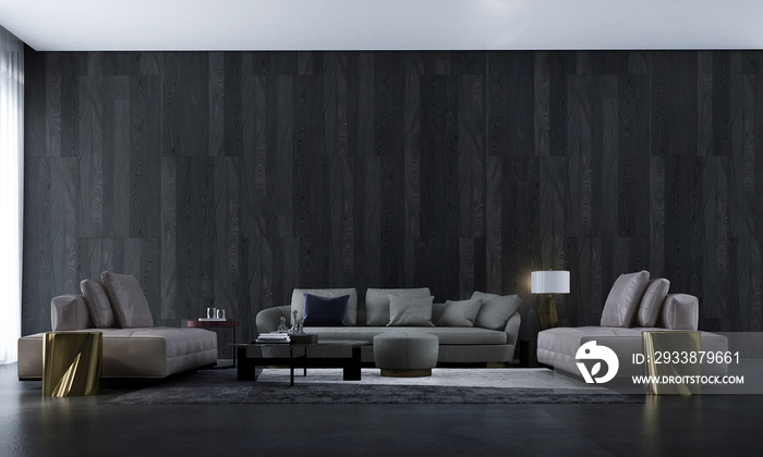 Modern living room interior design and black wood panel wall texture background