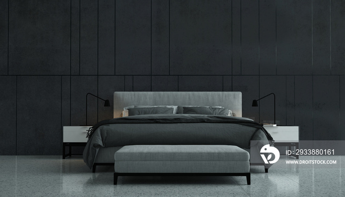 The minimal mock up cozy bedroom interior design and black concrete wall pattern background